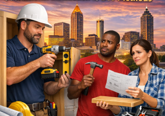 Atlanta contractors comparing professional installation with DIY methods, city skyline in background.