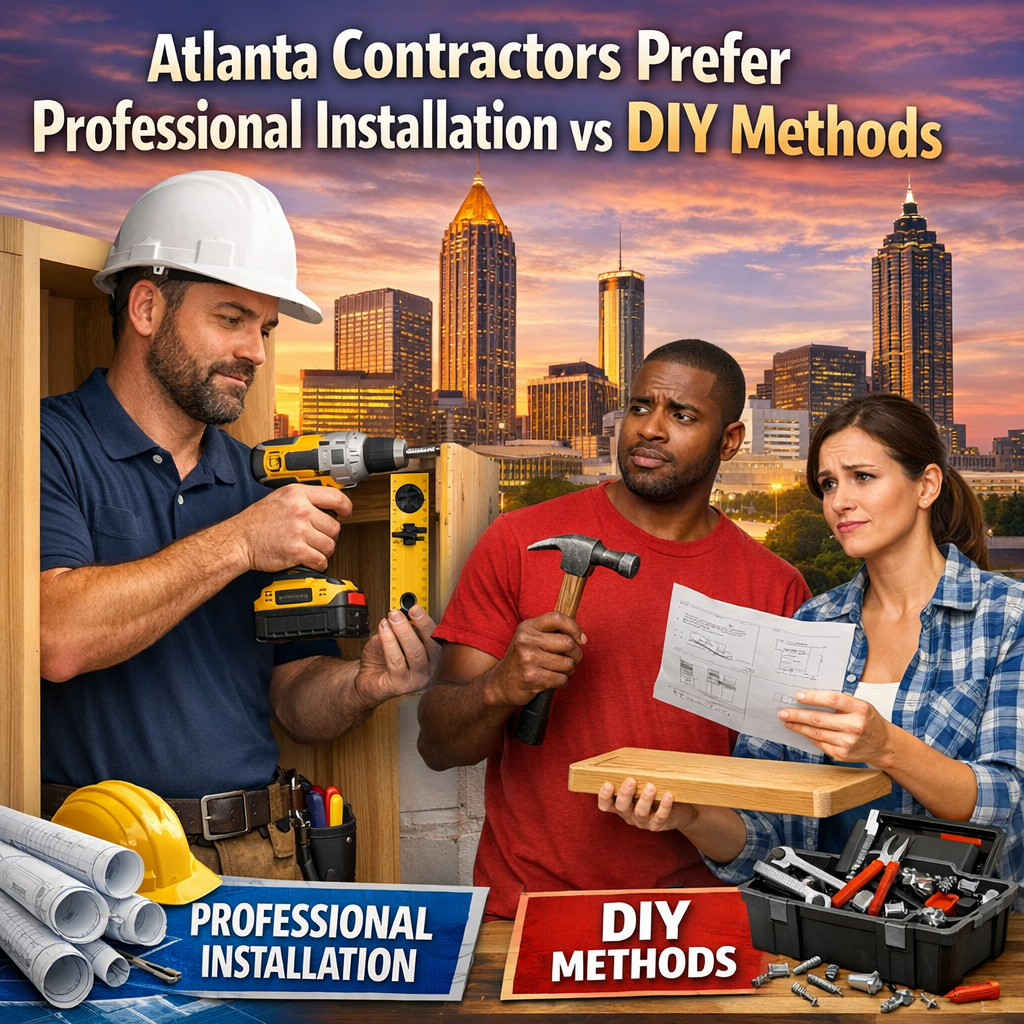 Atlanta contractors comparing professional installation with DIY methods, city skyline in background.