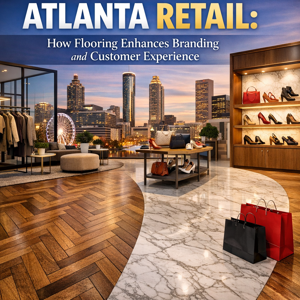 Stylish flooring in a modern Atlanta retail store, enhancing branding and customer experience.