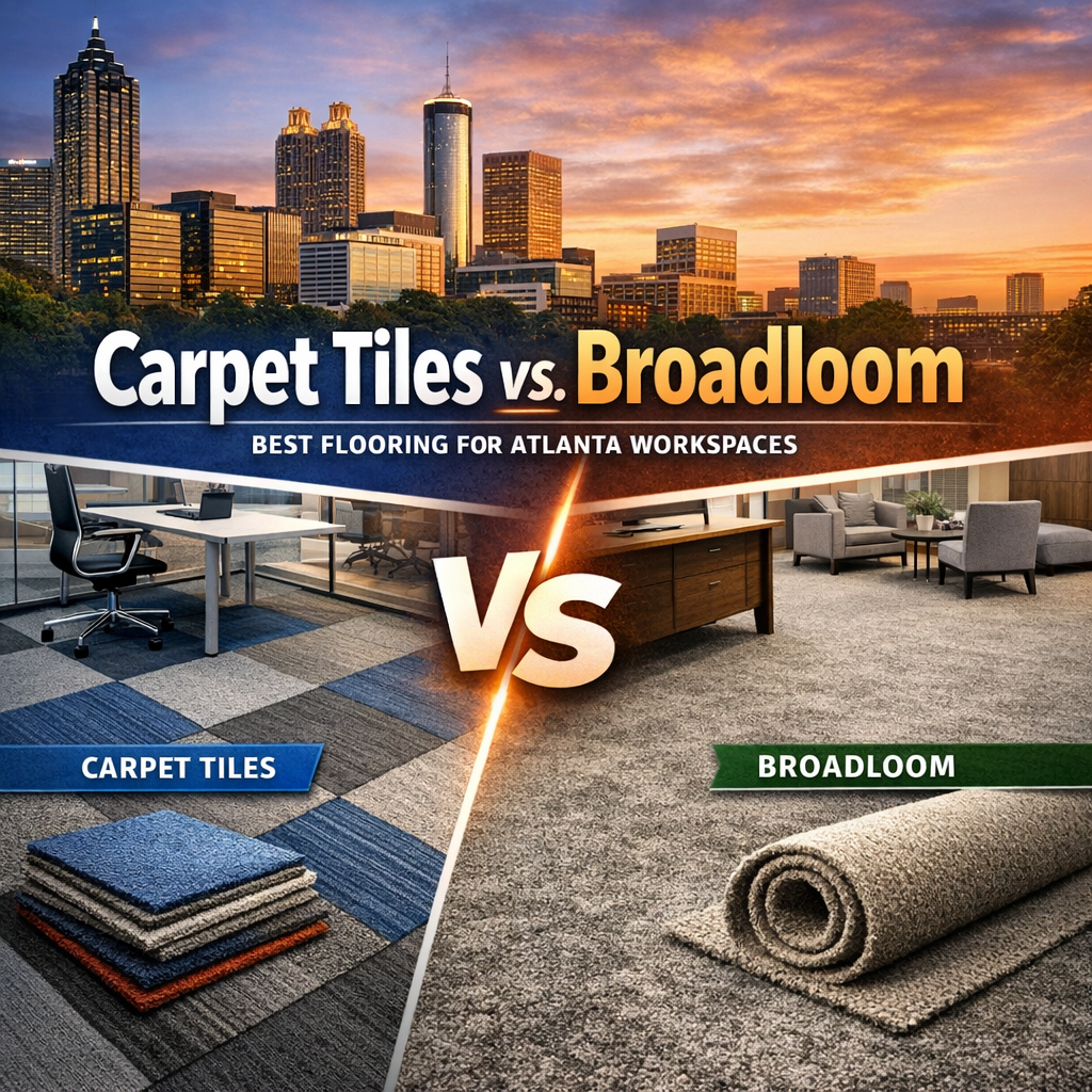 Carpet tiles and broadloom samples on a floor, labeled for comparison.