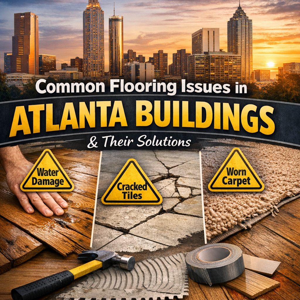 Illustration of common Atlanta flooring issues: water damage, cracked tiles, worn carpet, with repair solutions.