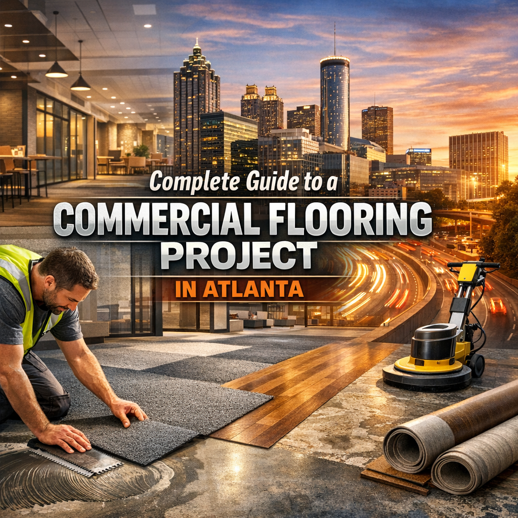Atlanta skyline backdrop with professionals discussing commercial flooring plans.