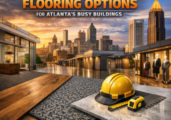 Variety of durable flooring samples with construction tools and Atlanta skyline in background.