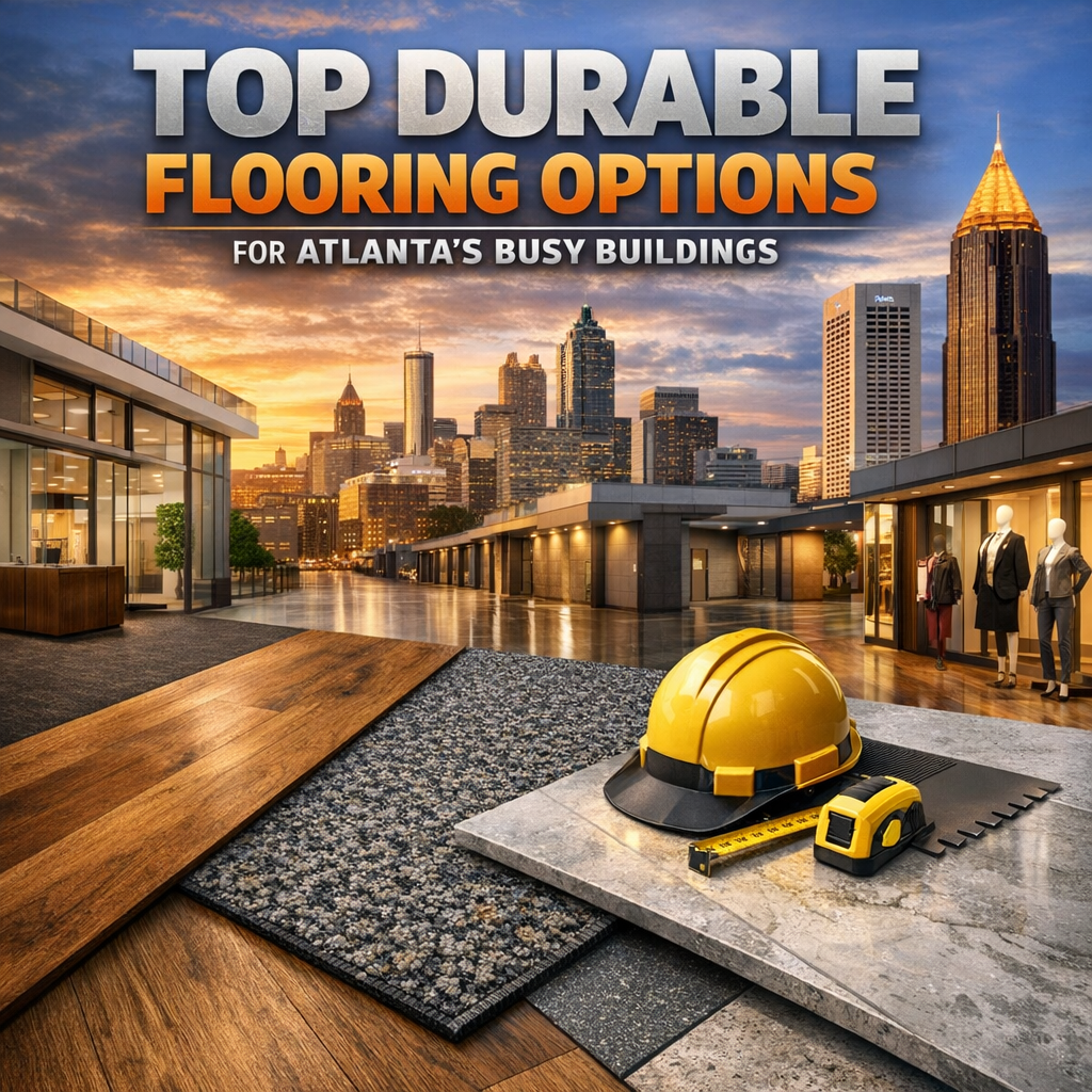 Variety of durable flooring samples with construction tools and Atlanta skyline in background.