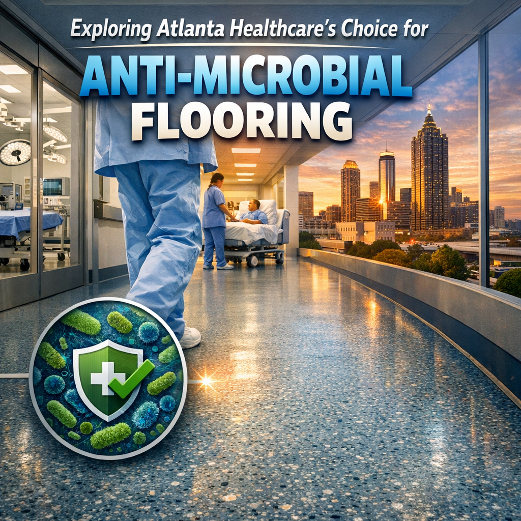 A clean hospital corridor in Atlanta showcasing anti-microbial flooring, emphasizing a sterile environment.
