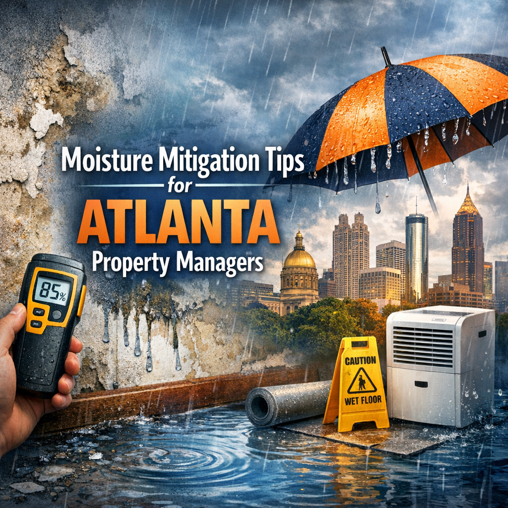 Illustration of property managers in Atlanta discussing moisture mitigation strategies to prevent water damage.