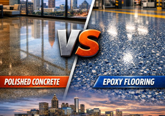 "Comparison of polished concrete and epoxy flooring, each set against an Atlanta cityscape background."