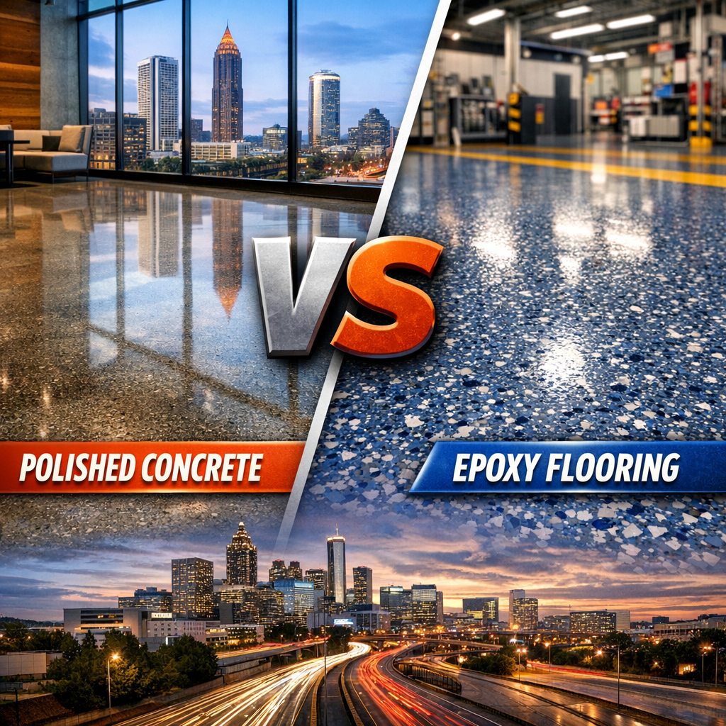 "Comparison of polished concrete and epoxy flooring, each set against an Atlanta cityscape background."
