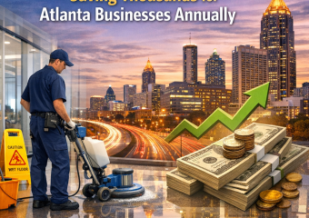 Floor cleaning crew polishing a large business lobby in Atlanta.