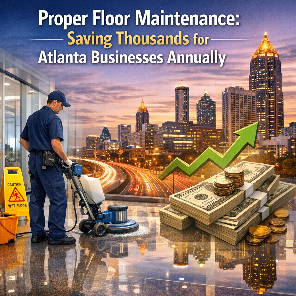 Floor cleaning crew polishing a large business lobby in Atlanta.