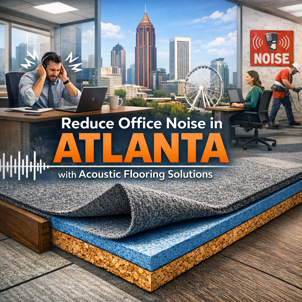 Office workers in Atlanta using acoustic flooring to reduce noise and enhance productivity.