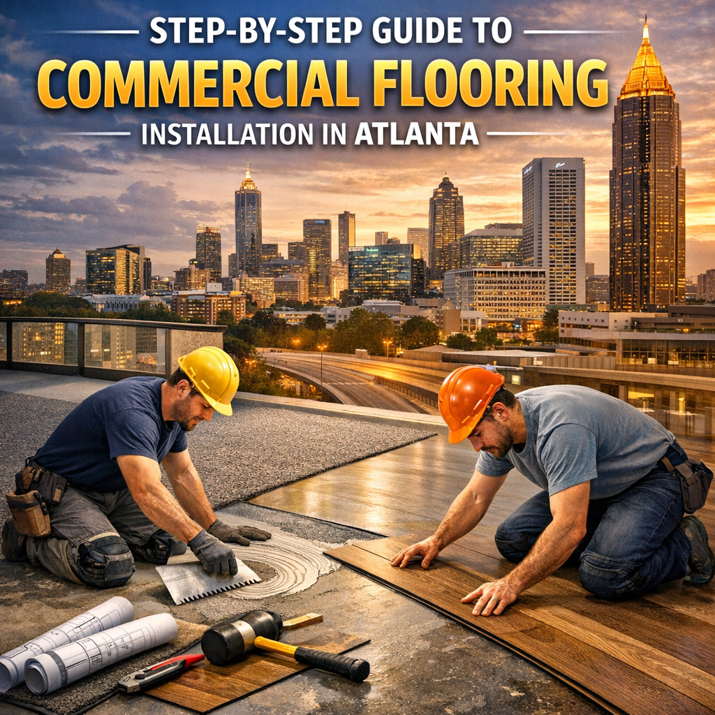 Workers installing flooring with Atlanta skyline in the background.