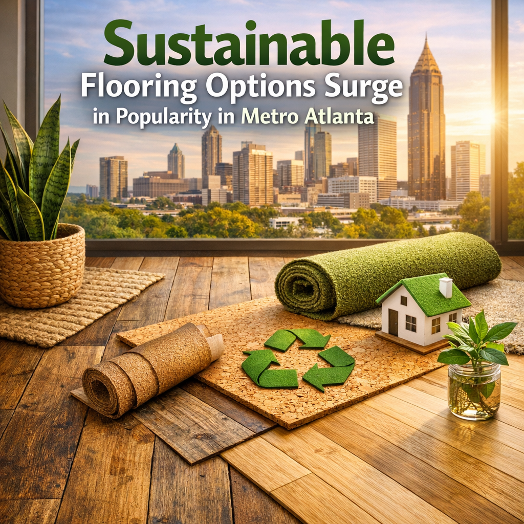 Variety of sustainable flooring materials displayed, including bamboo, reclaimed wood, and cork, in a modern Atlanta home.
