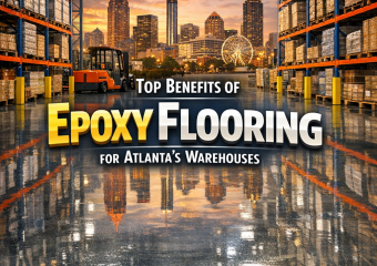 An infographic showing the benefits of Atlanta epoxy flooring for warehouses, with a backdrop of the city skyline.
