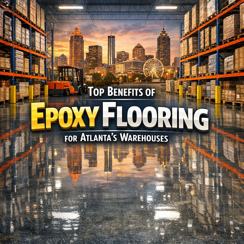 An infographic showing the benefits of Atlanta epoxy flooring for warehouses, with a backdrop of the city skyline.