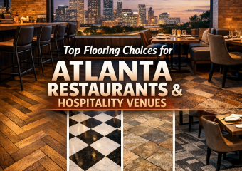 "Overview of Atlanta restaurant flooring options with the city skyline in the background."