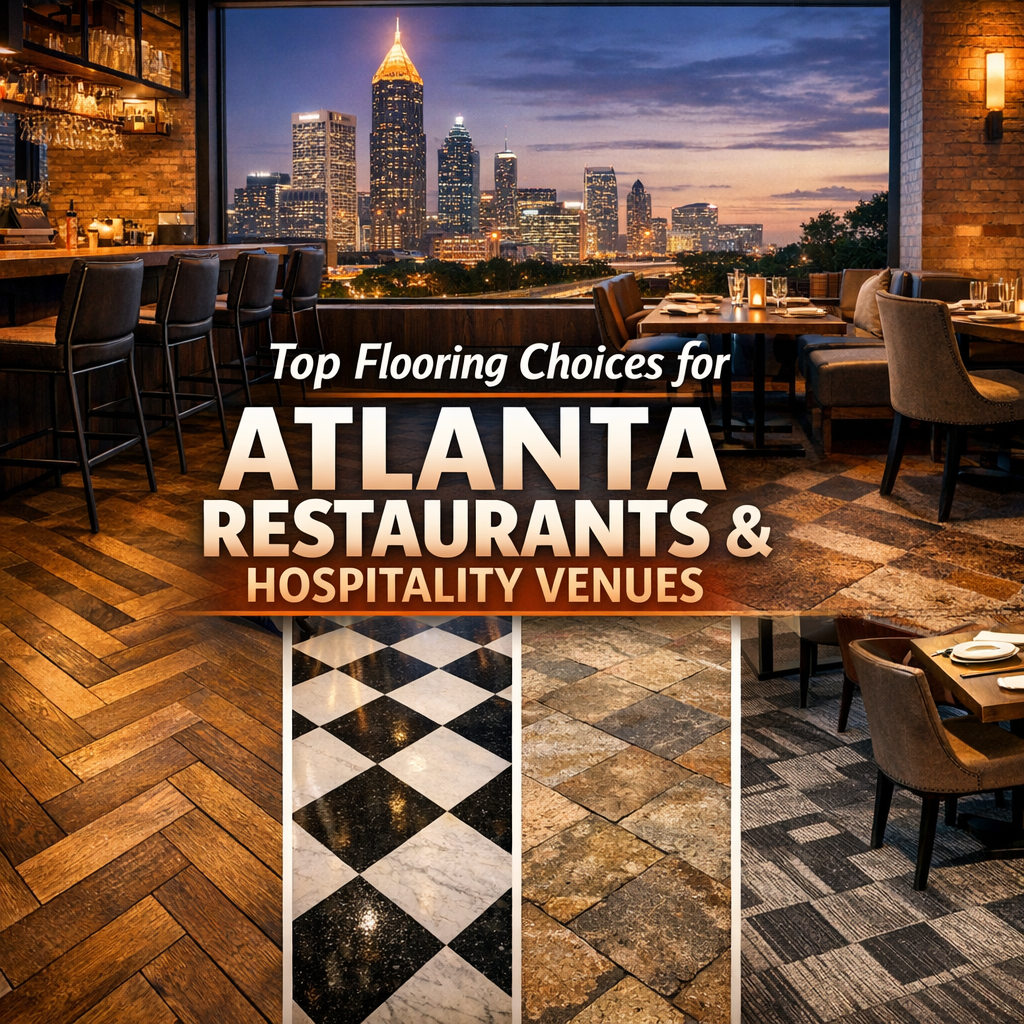"Overview of Atlanta restaurant flooring options with the city skyline in the background."