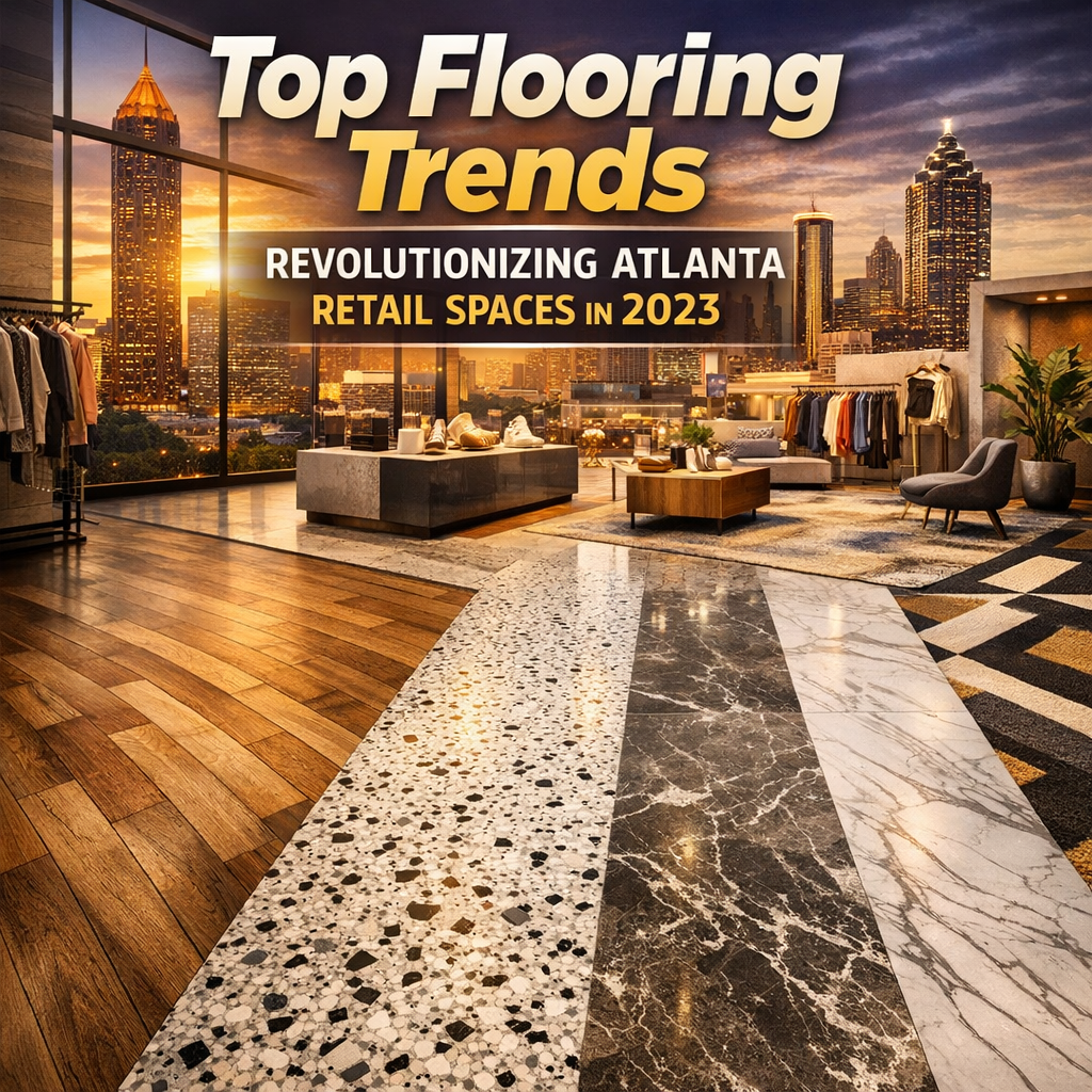 A stylish Atlanta retail space showcasing modern, diverse flooring trends including hardwood and porcelain tiles.