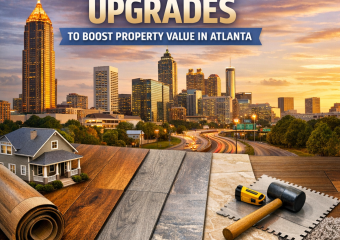 Variety of flooring samples with Atlanta skyline in the background.