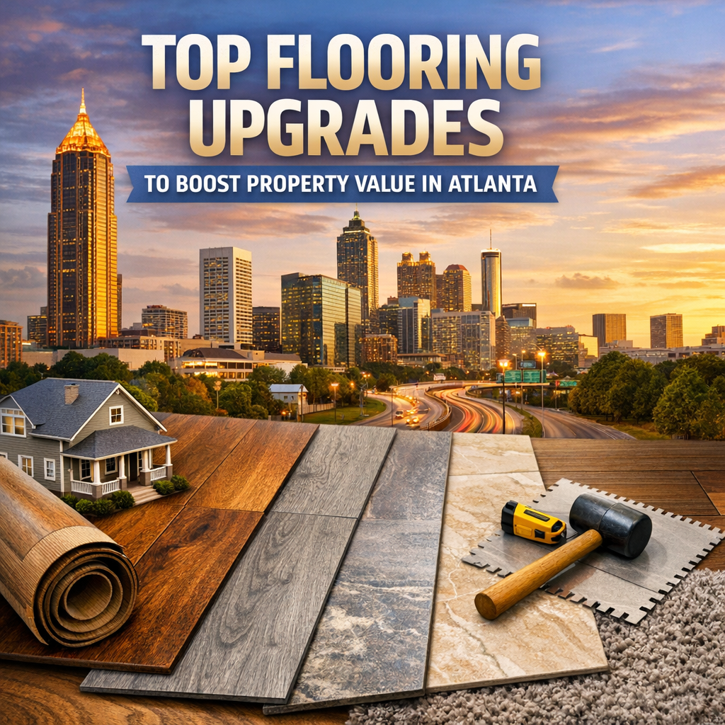 Variety of flooring samples with Atlanta skyline in the background.