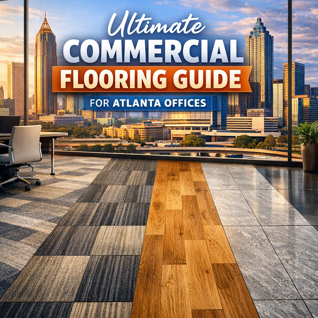 Various modern flooring options displayed in an Atlanta office setting.
