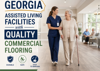 Nurse helping elderly woman walk on durable, safe commercial flooring in a Georgia assisted living facility.