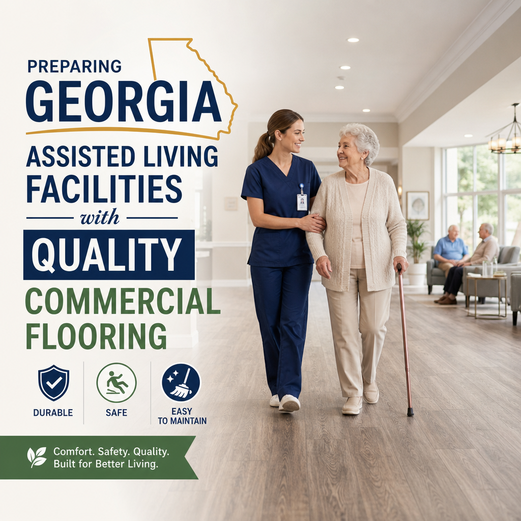 Nurse helping elderly woman walk on durable, safe commercial flooring in a Georgia assisted living facility.