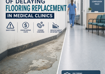 Comparison of worn, damaged medical clinic flooring next to new flooring showing hidden costs of delaying replacement.