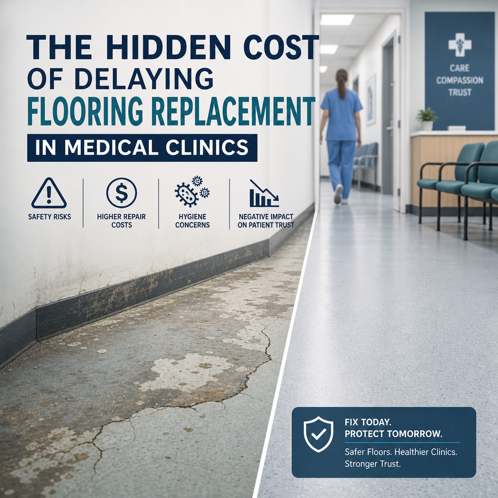 Comparison of worn, damaged medical clinic flooring next to new flooring showing hidden costs of delaying replacement.