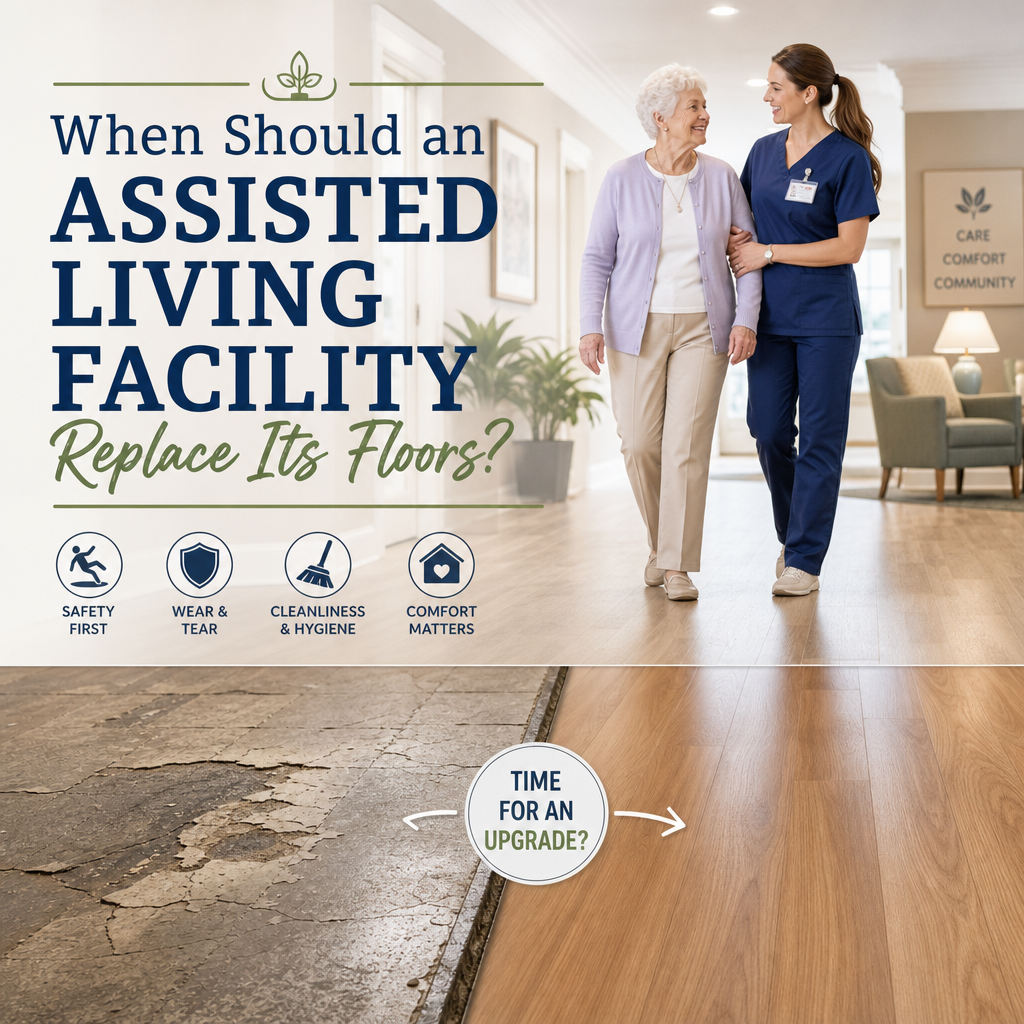 New flooring being installed in an assisted living facility to enhance safety, cleanliness, and resident comfort.