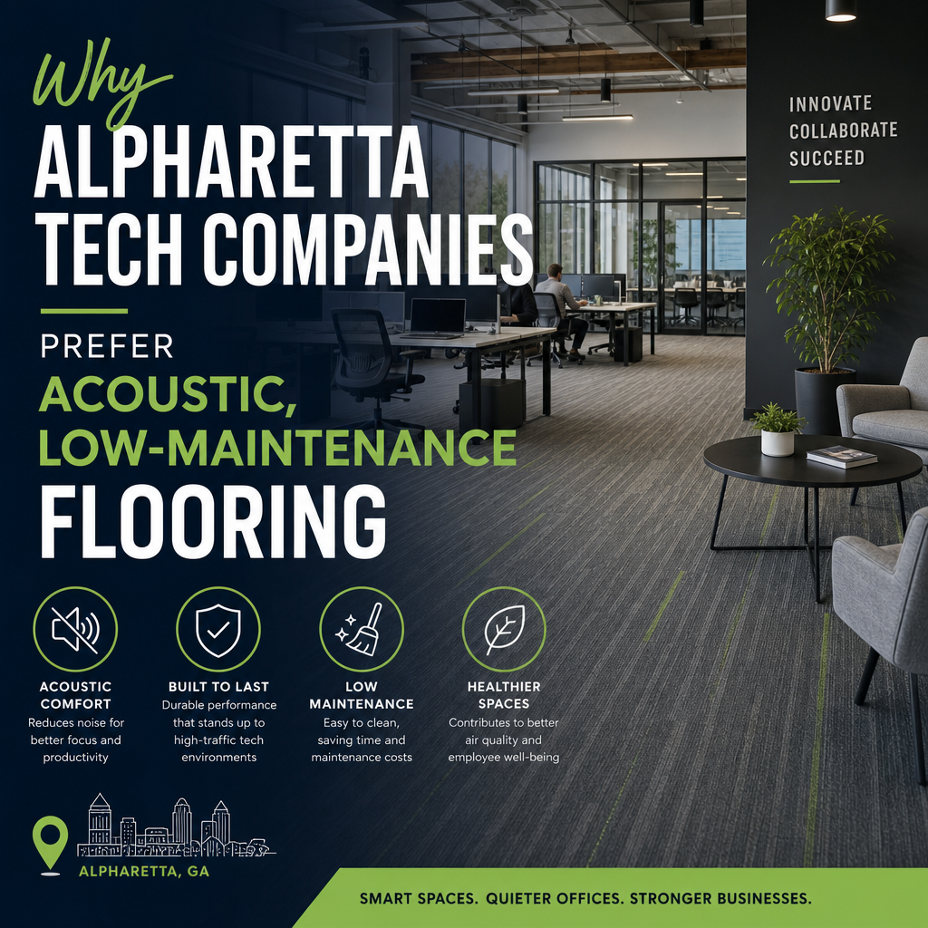 Modern tech office with acoustic, low-maintenance flooring and open workstations. (Incomplete: max_output_tokens)